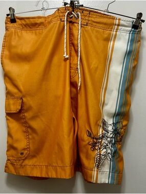 Men's Orange Stripe Floral Swim Trunks